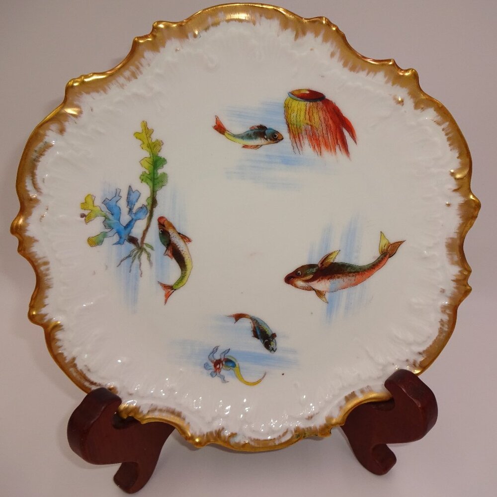 Antique Vintage Limoges AK A Klingenberg Fish Jellyfish Plate Gold Rim 9" France